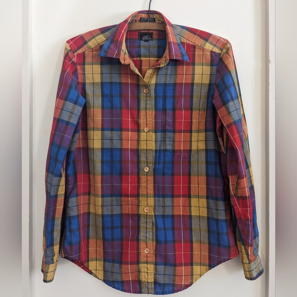 Vintage John Henry Plaid Shirt 6 / S Long Sleeve Cotton Western Yellow Red Blue